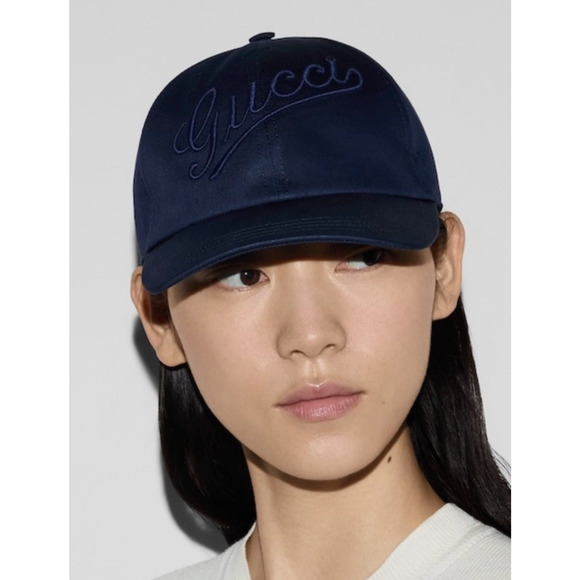 Gucci Unisex Cotton Adjustable Script Logo Navy Blue Baseball Cap Hat Large main image 8